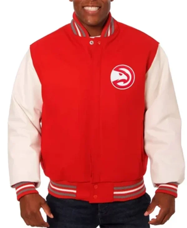 Atlanta Hawks Red And White Letterman Jacket