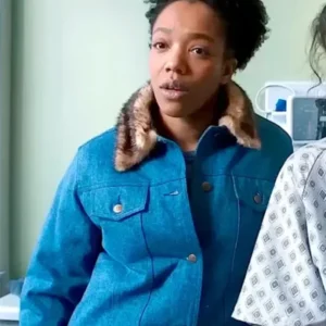 Baby 2025 Naomi Ackie Blue Denim Varsity Jacket