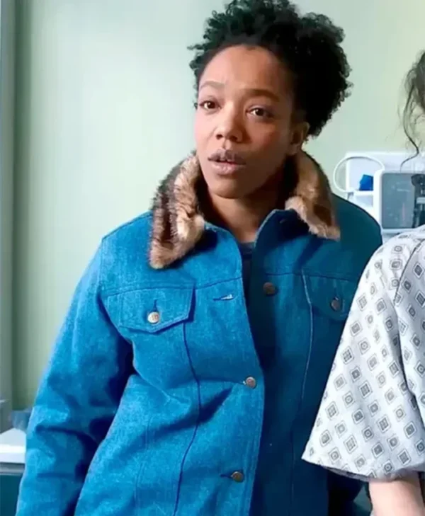 Baby 2025 Naomi Ackie Blue Denim Varsity Jacket