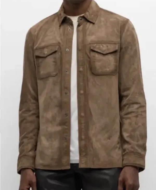 Buy Now Beyond The Gates Derek Baldwin Brown Suede Varsity Shacket For Unisex