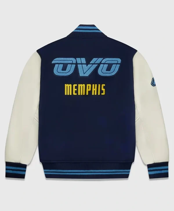 Buy Now OVO Memphis Grizzlies Navy Blue and White Varsity Jacket For Unisex