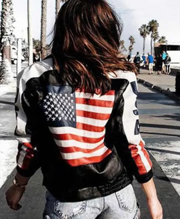Buy Now Selena Gomez American Flag Black Leather Jacket