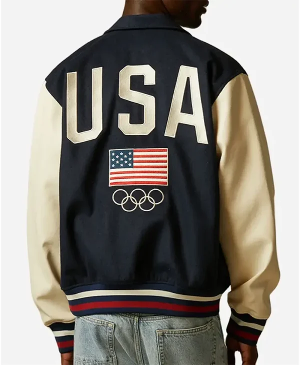Buy-Now-Team-USA-Olympic-2024-Navy-Blue-And-Beige-Varsity-Jacket-For-Men-And-Women