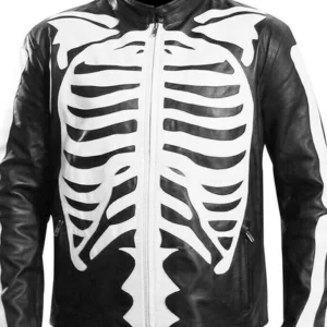 Halloween Party Skeleton Bones Leather Black Bomber Jacket