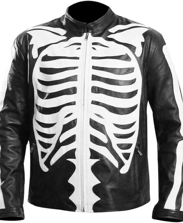 Halloween Party Skeleton Bones Leather Black Bomber Jacket