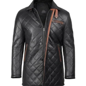 Men’s Quilted Leather Car With Brown Detailing Coat