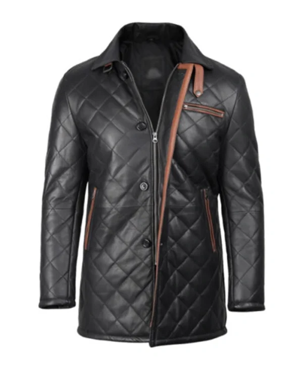 Men’s Quilted Leather Car With Brown Detailing Coat