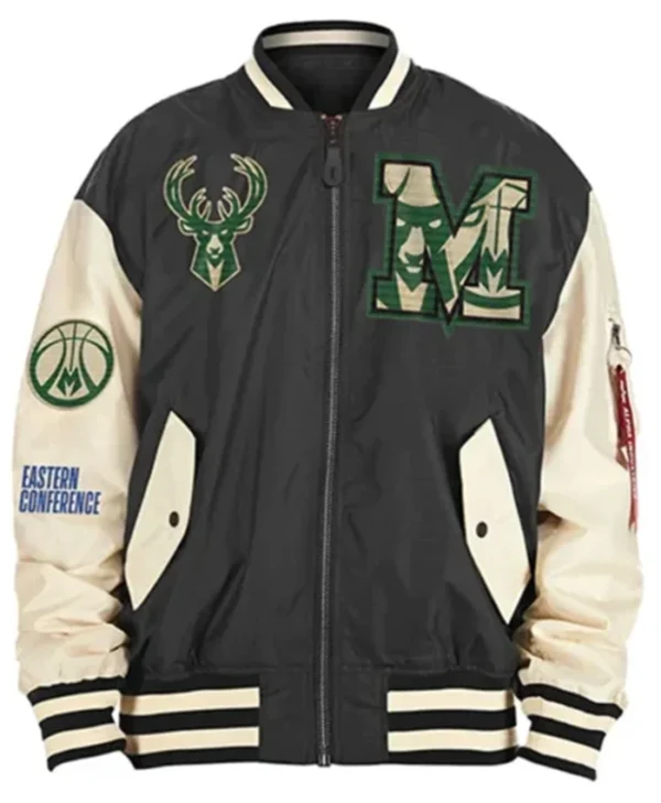 Milwaukee Bucks Black And Beige Bomber Jacket