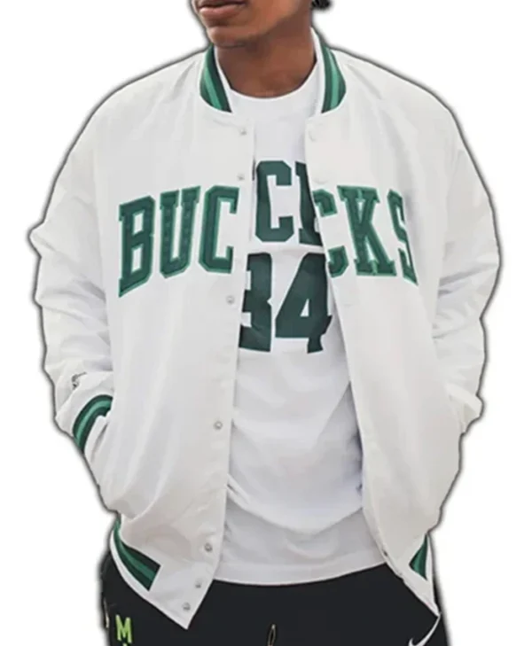 Milwaukee Bucks Hardwood White Varsity Jacket