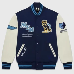 OVO Memphis Grizzlies Navy Blue and White Varsity Jacket