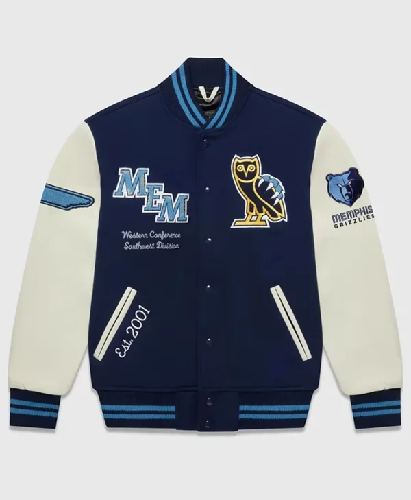 OVO Memphis Grizzlies Navy Blue and White Varsity Jacket