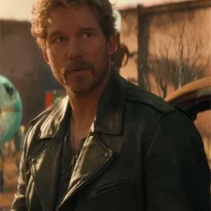 The Electric State 2025 Chris Pratt Black Leather Bomber Jacket