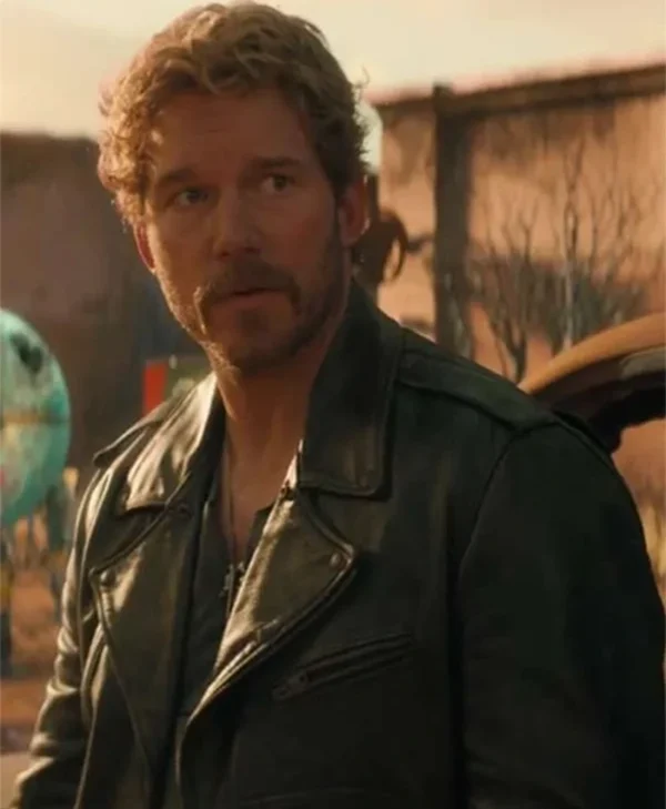 The Electric State 2025 Chris Pratt Black Leather Bomber Jacket