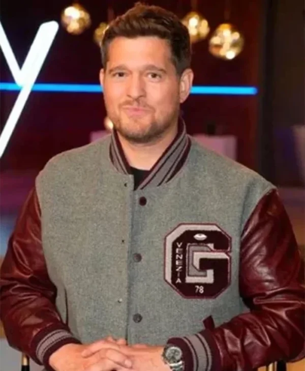 The Voice S27 Michael Buble Grey And Brown Stylish Varsity Jacket