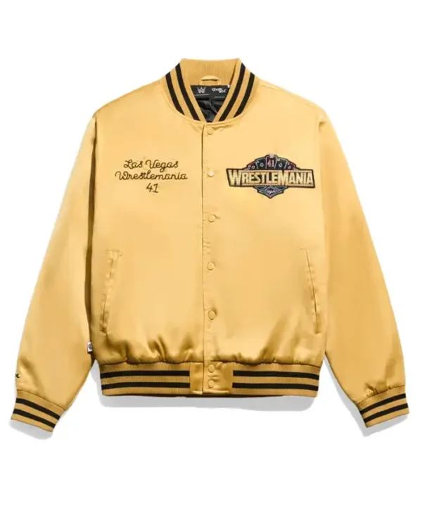 Buy Now WWE WrestleMania 41 Gold Satin Varsity Jacket For Unisex.