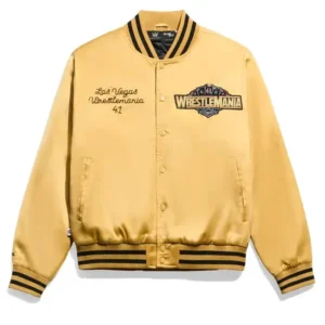 WWE WrestleMania 41 Gold Satin Stylish Varsity Jacket