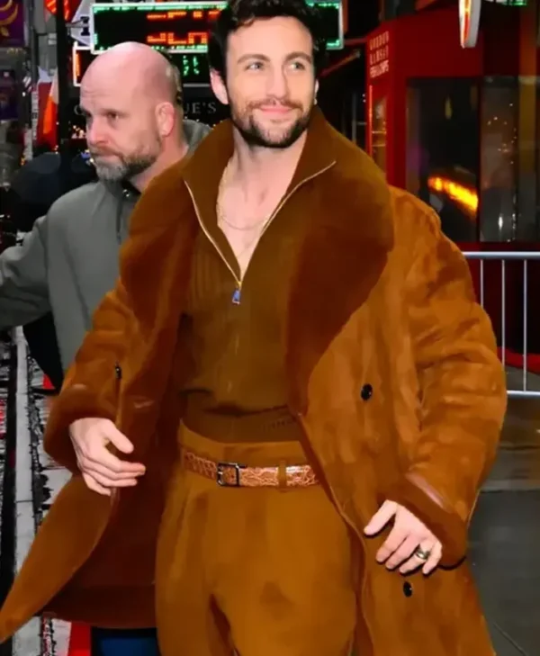 Aaron Taylor-Johnson Brown Leather Coat