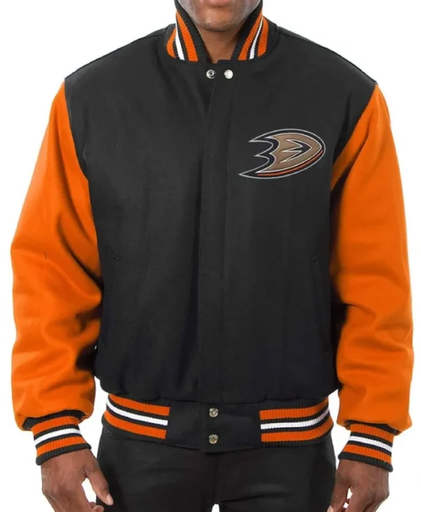 Anaheim Ducks Black and Orange Varsity Jacket