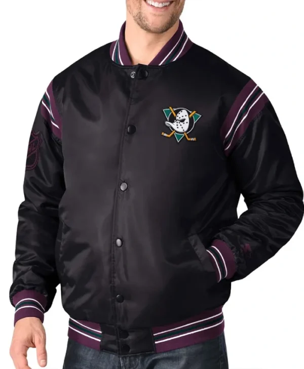 Anaheim Ducks Enforcer Black Satin Varsity Jacket