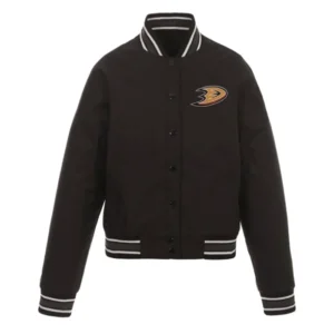 Anaheim Ducks Front Hit Poly Twill Black Varsity Jacket