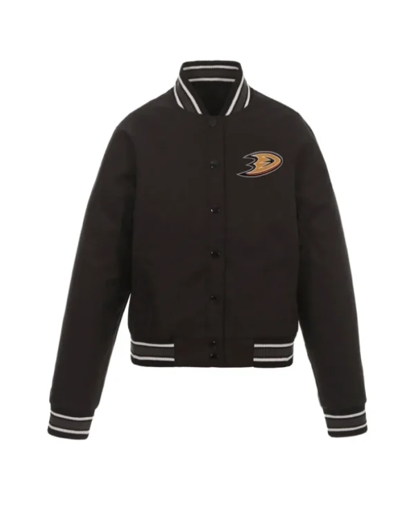 Anaheim Ducks Front Hit Poly Twill Black Varsity Jacket