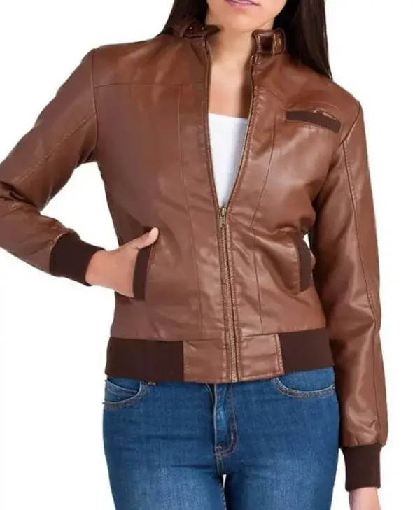 Bendy Women Bomber Brown Leather Jacket