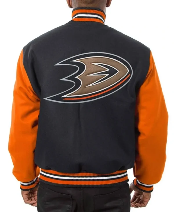Buy Now Anaheim Ducks Black and Orange Varsity Jacket For Unisex
