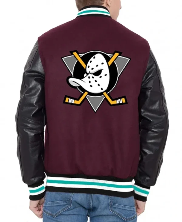 Buy Now Anaheim Ducks Mighty Varsity Purple and Black Jacket For Unisex