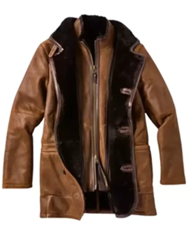 Genuine Brown Double Shearling Stylish Leather Coat - Image 2