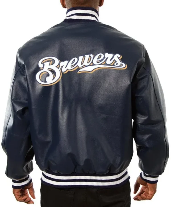 Milwaukee Brewers Navy Leather Jacket - Image 2