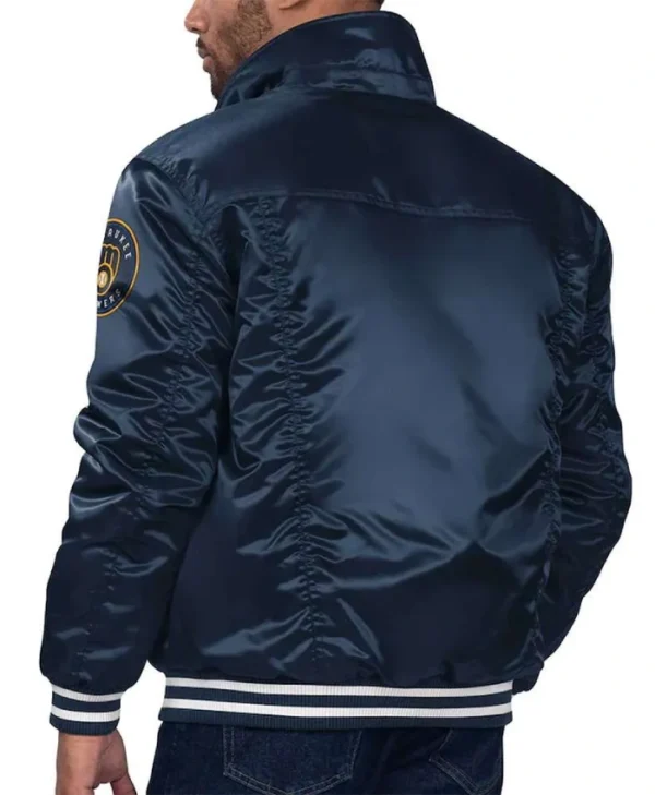 Buy Now Milwaukee Brewers Navy Silver Tab Trucker Varsity Jacket For Unisex