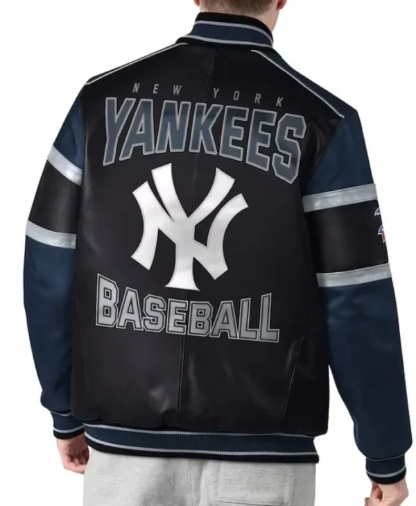 Buy Now NY Yankees Black and Navy Bomber Leather Jacket For Unisex
