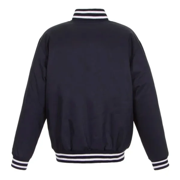 Buy Now Navy Edmonton Oilers Front-Hit Poly-Twill Varsity Jacket For Unisex