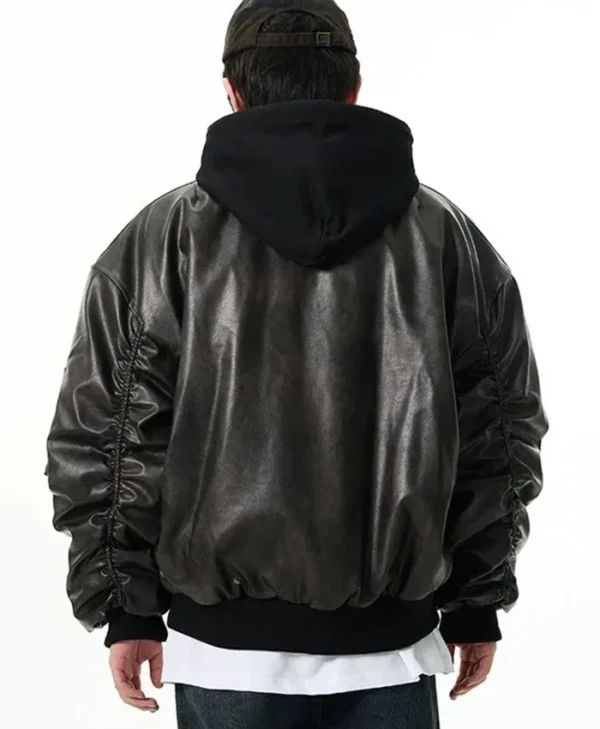Buy Now Oversized Black Leather Hooded Bomber Stylish Jacket