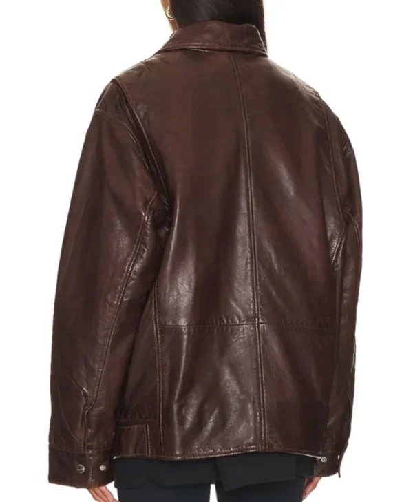Oversized Brown Leather Bomber Jacket - Image 2