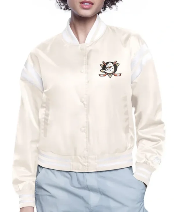 Buy Now Printed Logo Anaheim Ducks Varsity Black And Cream Satin Jacket For Unisex
