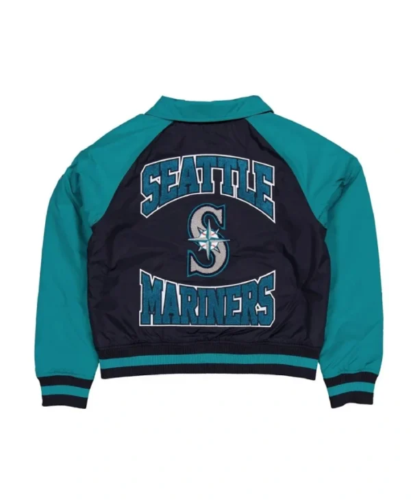 Buy Now Seattle Mariners Aqua and Navy Throwback Varsity Jacket For Unisex