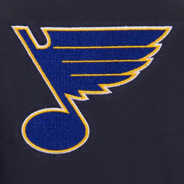 Buy Now St. Louis Blues Poly-Twill Navy Front-Hit Varsity Jacket For Unisex