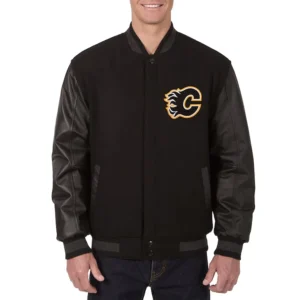 Calgary Flames Black Wool and Leather Jacket