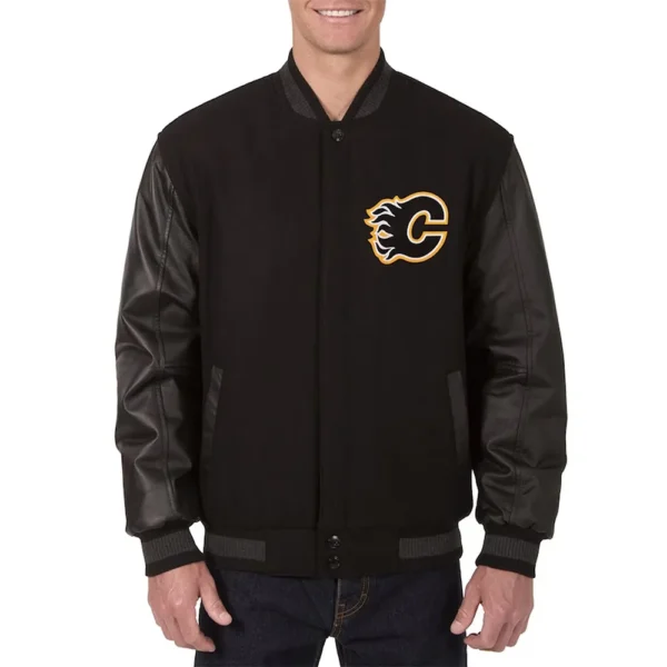Calgary Flames Black Wool and Leather Jacket