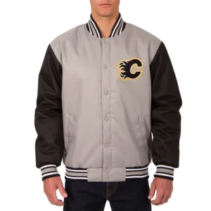 Calgary Flames Poly-Twill Gray and Black Varsity Jacket