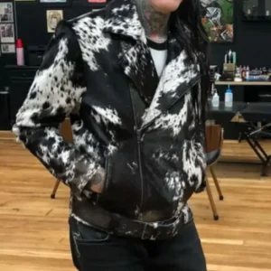 Cowhide Black And White Biker Fur Leather Jacket