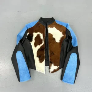 Cowhide Blue Dyed Calf Hair Leather Jacket