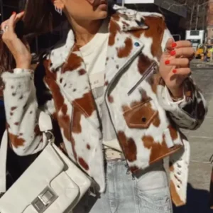 Cowhide Brown And White Fur Biker Jacket