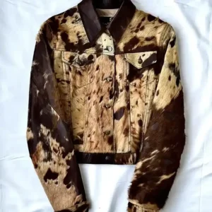Cowhide Fur Brown Printed Leather Jacket