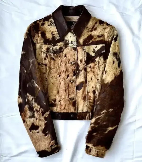 Cowhide Fur Brown Printed Leather Jacket