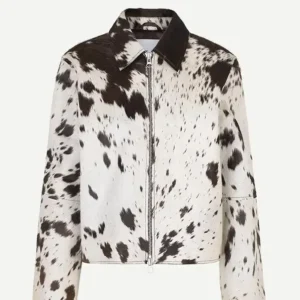 Cowhide Fur Leather Brown And White Printed Jacket