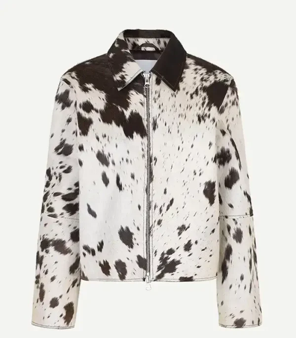 Cowhide Fur Leather Brown And White Printed Jacket