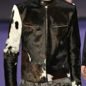 Cowhide Printed Black And White Leather Jacket