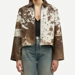 Cowhide fur Brown And White printed leather Jacket